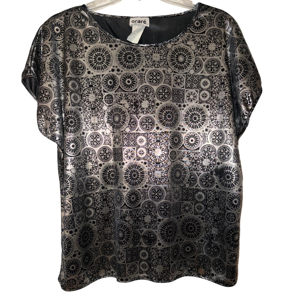 Oraré Vintage Metallic Black Silver Baroque Print‎ Short Sleeve Top Size 18